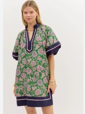Entro green floral bubble sleeve dress navy pink size small with pockets